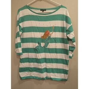 Pretty teal & white striped lightweight sweater w/mermaid embroidery, bua/bua S